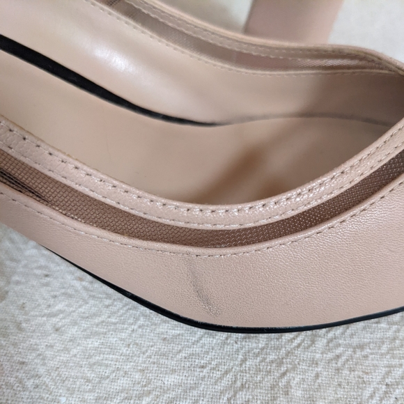 Karl Lagerfeld Sz 6.5 Pump Tan Black Colorblok Cut Out Mirror Chunky Block Heel - Picture 11 of 16